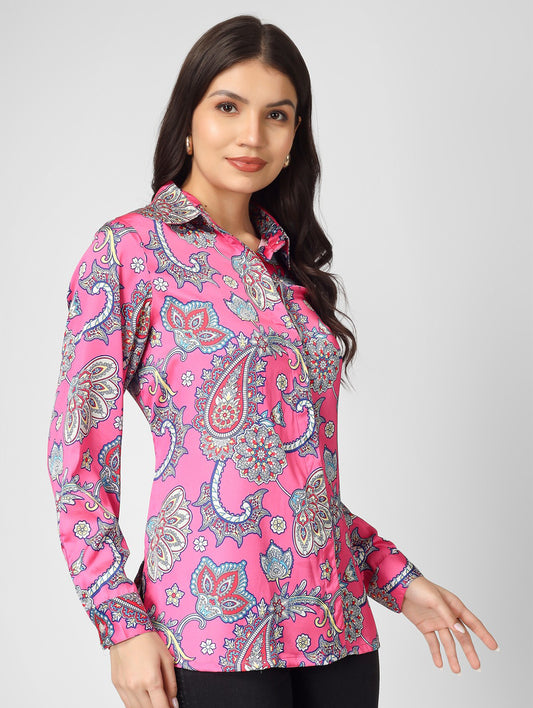 Make a statement with this printed satin party shirt featuring full cuff sleeves and a classic shirt collar.