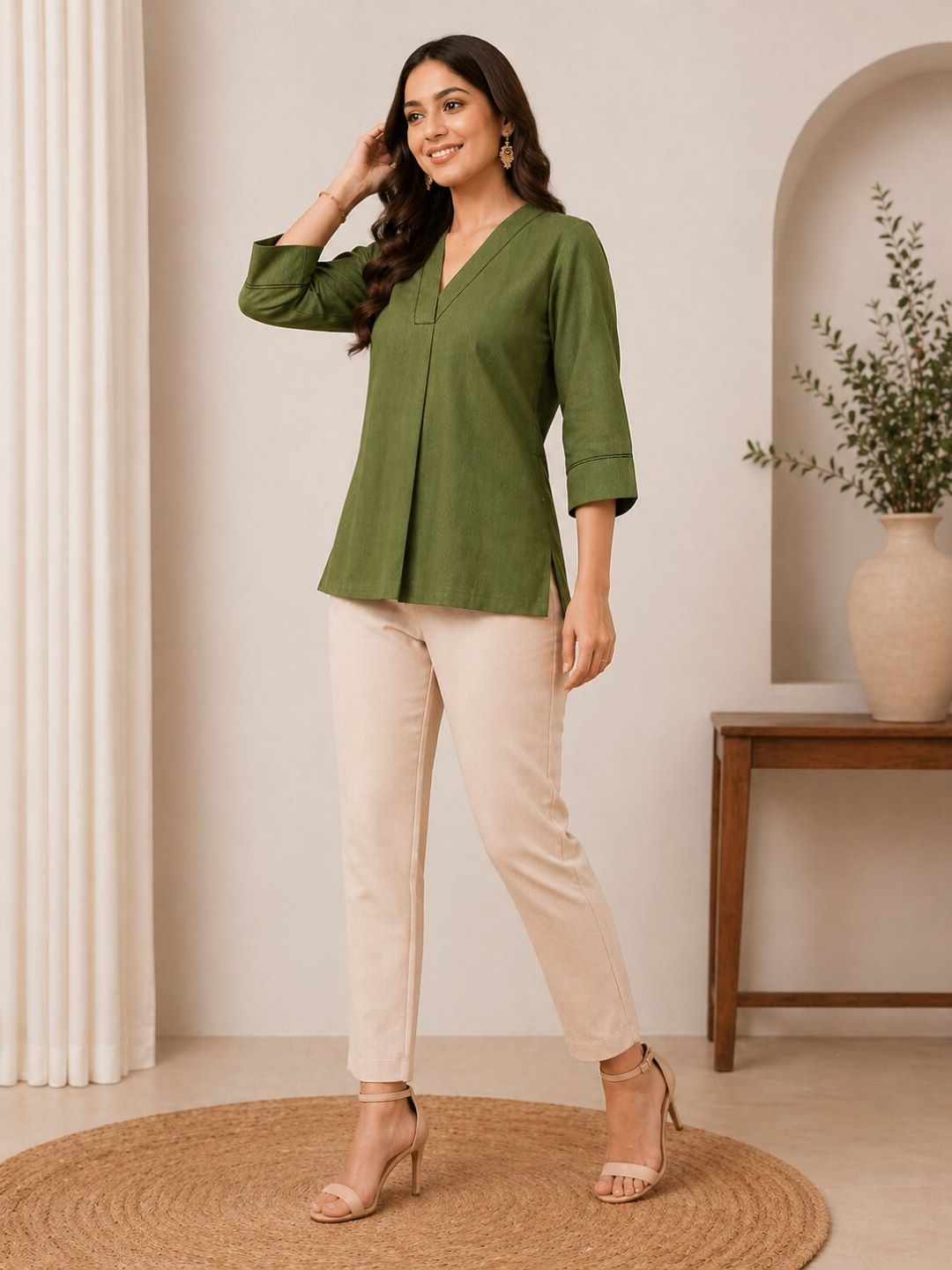 Women Solid V-Neck 3/4 Sleeve Top with Contrast Stitch Detail | Casual Office Wear Top (Green, Brown, Beige)
