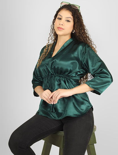 Emerald Green Satin Drawstring Waist Top – Elegant V-Neck Party Wear Top