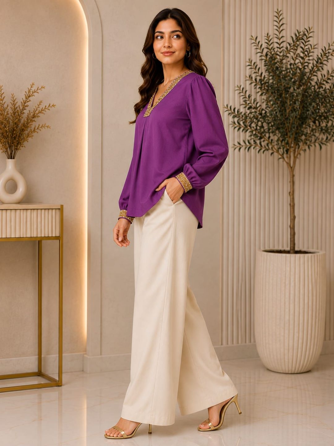 Purple Embellished V-Neck Top
