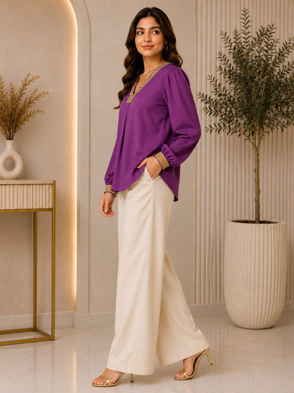 Purple Embellished V-Neck Top
