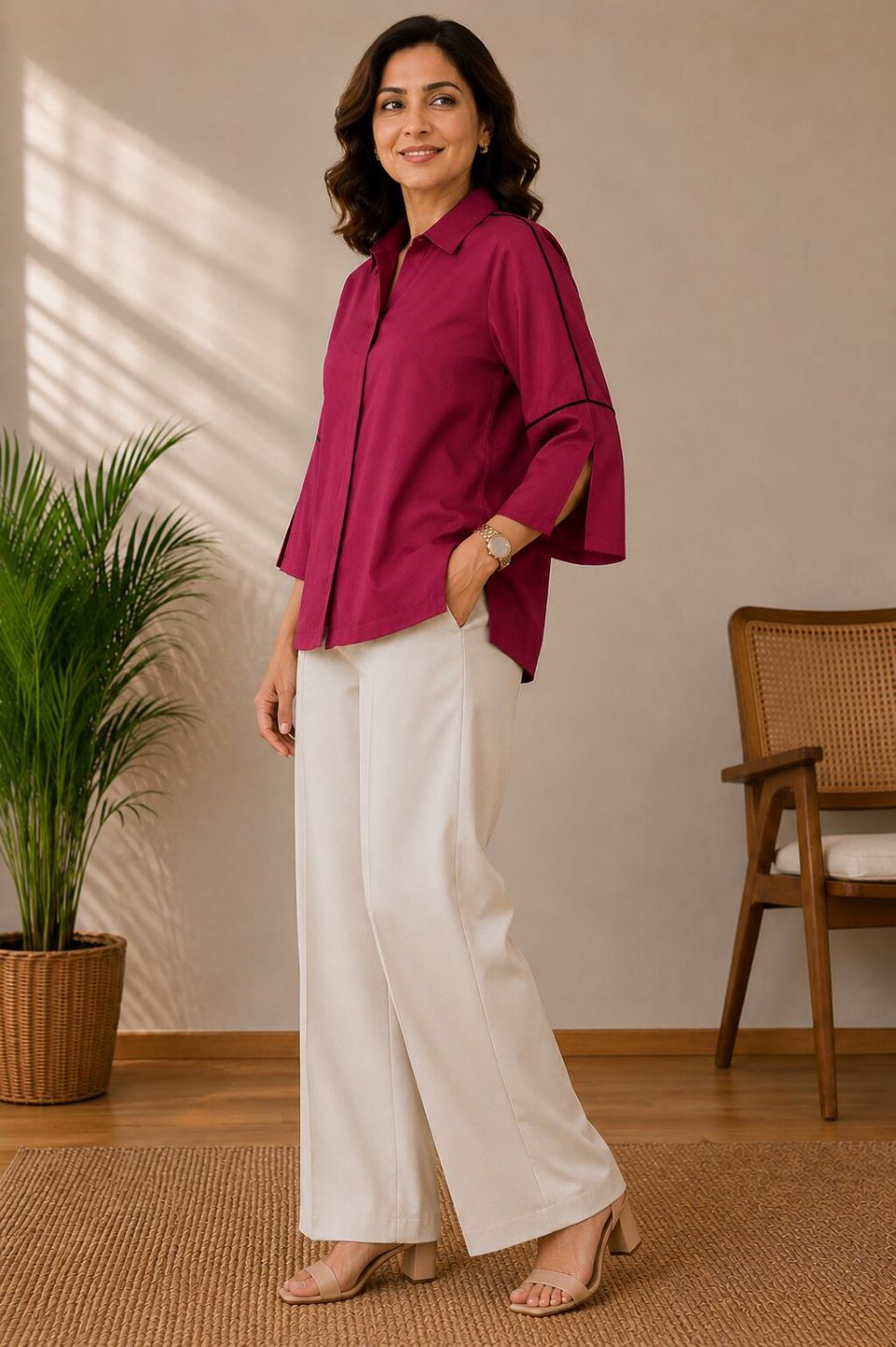 Women's Casual Collared Top | Bell Sleeves | Available in Mustard, Cherry Red, Beige & Ice Blue