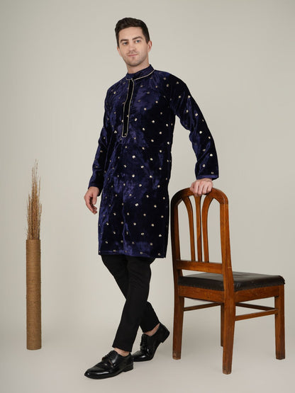 Navy Blue Velvet Kurta with Gold Embellished Detailing