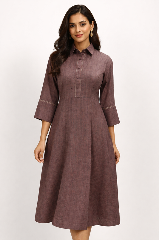 Brown Textured Cotton Linen A-Line Midi Dress
