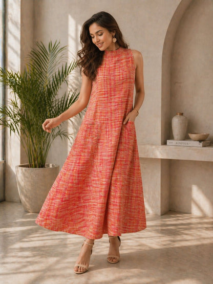 Women's Sleeveless Khadi Long Dress with Pockets