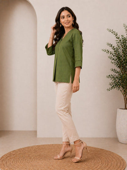 Women Solid V-Neck 3/4 Sleeve Top with Contrast Stitch Detail | Casual Office Wear Top (Green, Brown, Beige)