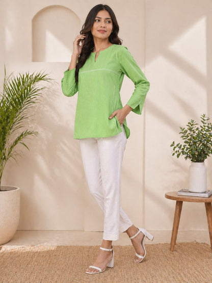Women Solid Cotton Top with Contrast Stitching | Lime Green & Coral Pink