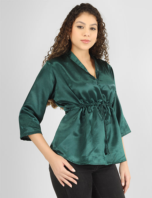 Emerald Green Satin Drawstring Waist Top – Elegant V-Neck Party Wear Top