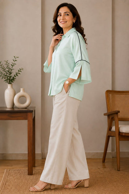 Women's Casual Collared Top | Bell Sleeves | Available in Mustard, Cherry Red, Beige & Ice Blue
