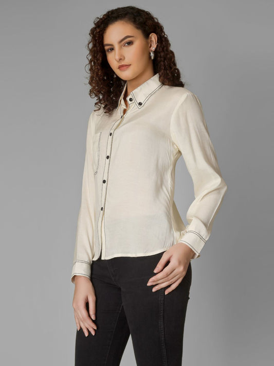 Offwhite V-Neck Shirt with Black Piping & Full Cuff Sleeves