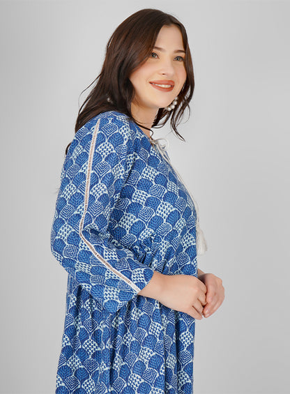 "Serene Sky Blue Cotton Summer Dress – Side Gathered Elegance"