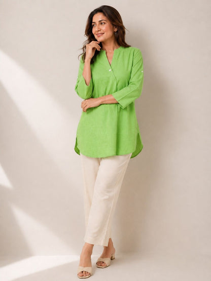 Women's Casual Mandarin Collar Tunic Top | Soft Cotton Blend | Lime Green