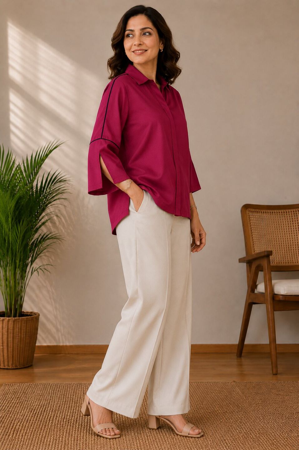 Women's Casual Collared Top | Bell Sleeves | Available in Mustard, Cherry Red, Beige & Ice Blue