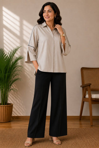 Women's Casual Collared Top | Bell Sleeves | Available in Mustard, Cherry Red, Beige & Ice Blue