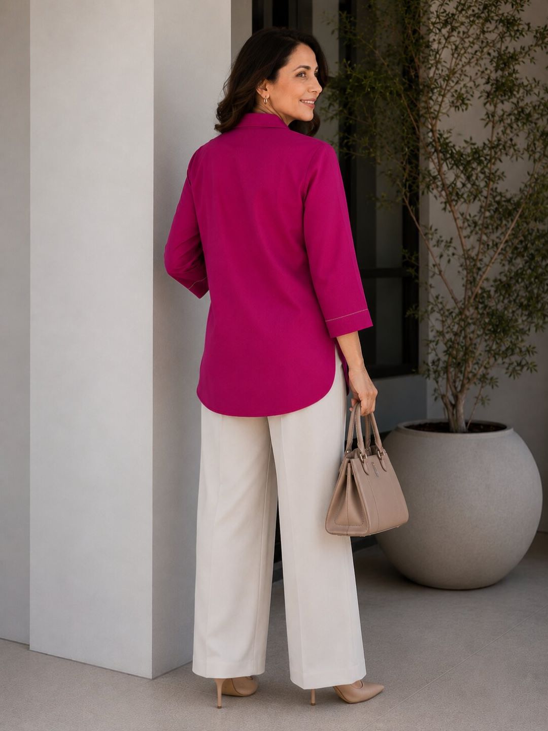 Women's Cotton Blend Tunic Top with Contrast Stitching | Pink & Mustard