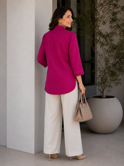 Women's Cotton Blend Tunic Top with Contrast Stitching | Pink & Mustard