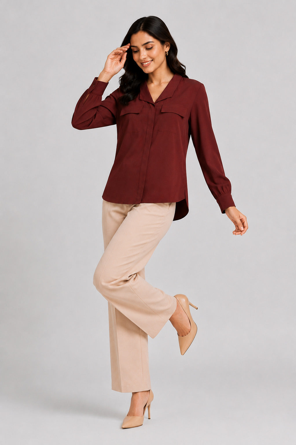 Women’s Solid Brown Relaxed Fit Top with Flap