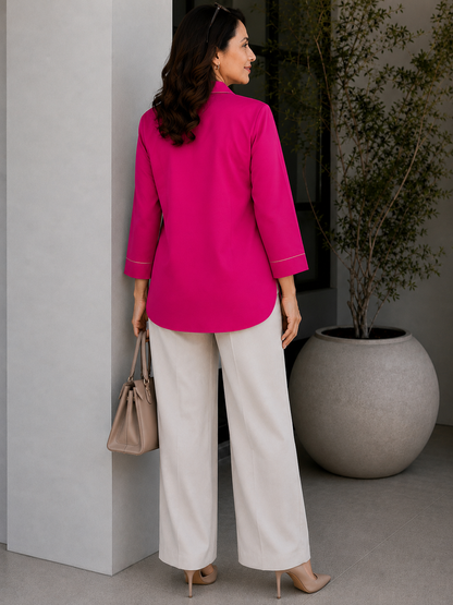 Women's Cotton Blend Tunic Top with Contrast Stitching | Mehroon/Mustard and Majenda pink