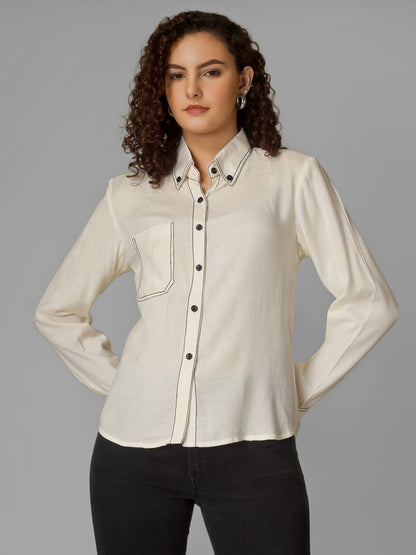 Offwhite V-Neck Shirt with Black Piping & Full Cuff Sleeves