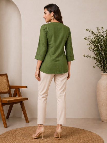 Women Solid V-Neck 3/4 Sleeve Top with Contrast Stitch Detail | Casual Office Wear Top (Green, Brown, Beige)