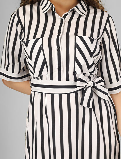 Step out in style with this Rayon Cotton Striped Long Dress, featuring a sleek waist belt and stylish sleeves for a refined yet trendy look
