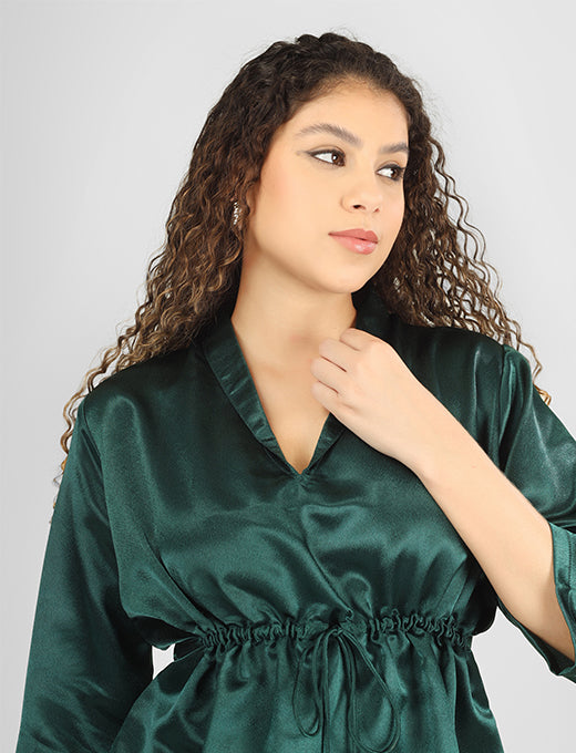 Emerald Green Satin Drawstring Waist Top – Elegant V-Neck Party Wear Top