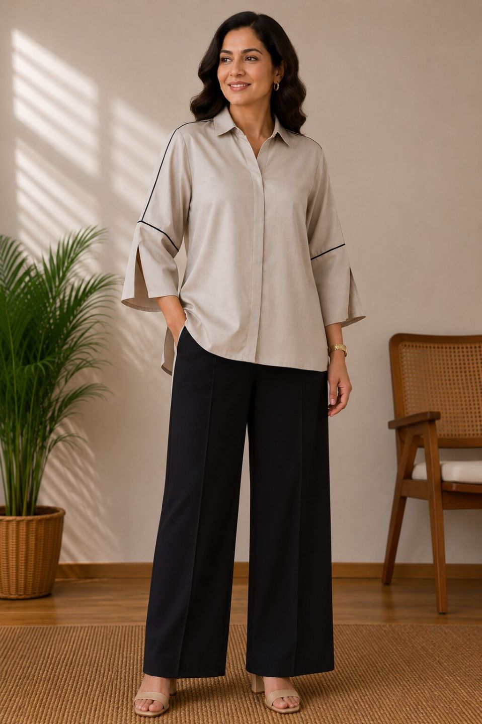 Women's Casual Collared Top | Bell Sleeves | Available in Mustard, Cherry Red, Beige & Ice Blue