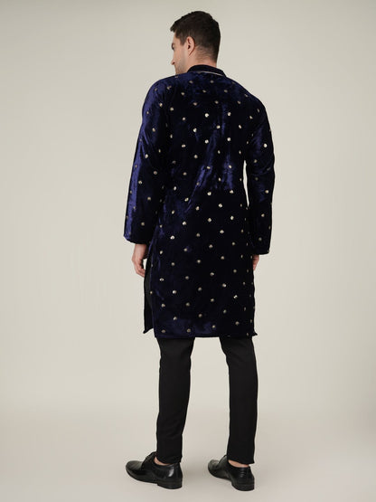 Navy Blue Velvet Kurta with Gold Embellished Detailing
