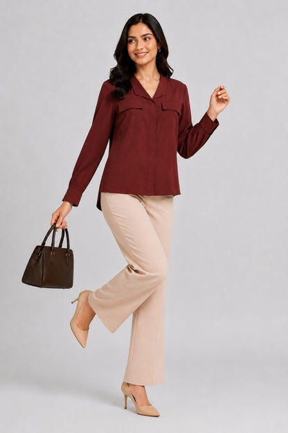 Women’s Solid Brown Relaxed Fit Top with Flap