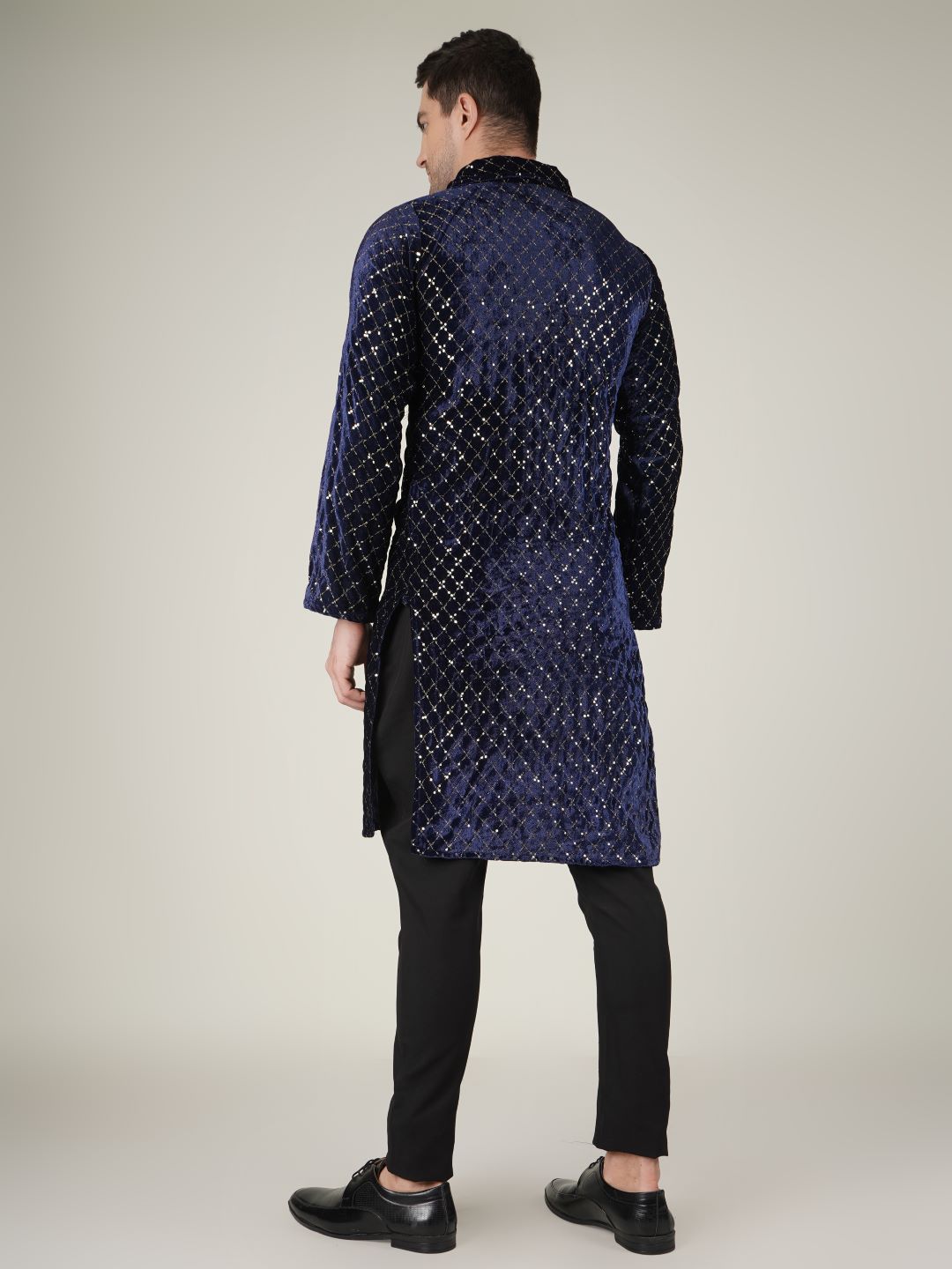 Navy Blue Velvet Kurta with Geometric Pattern