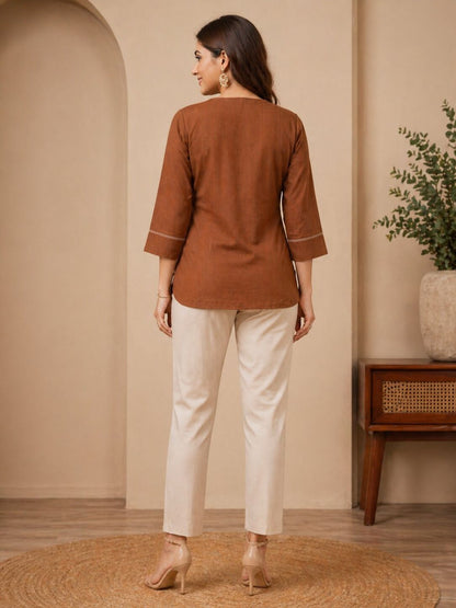 Women Solid V-Neck 3/4 Sleeve Top with Contrast Stitch Detail | Casual Office Wear Top (Green, Brown, Beige)