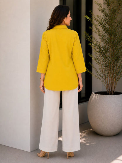 Women's Cotton Blend Tunic Top with Contrast Stitching | Pink & Mustard