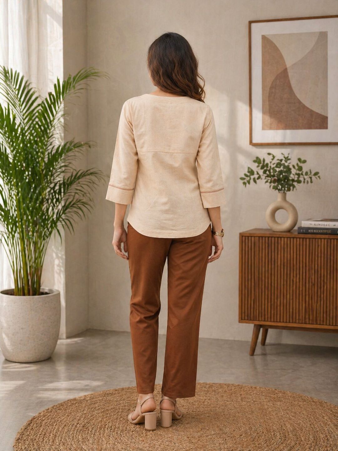 Women Solid V-Neck 3/4 Sleeve Top with Contrast Stitch Detail | Casual Office Wear Top (Green, Brown, Beige)