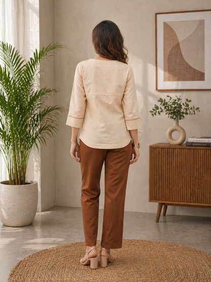 Women Solid V-Neck 3/4 Sleeve Top with Contrast Stitch Detail | Casual Office Wear Top (Green, Brown, Beige)
