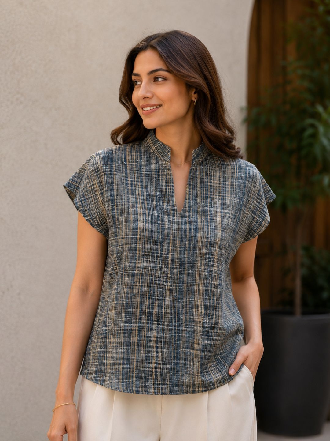Women's Casual Mandarin Collar Top | 100% Cotton | Textured Fabric | Blue