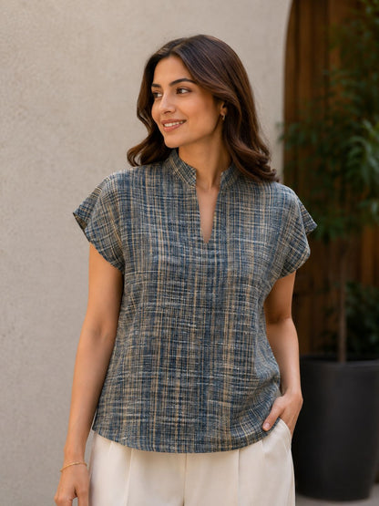 Women's Casual Mandarin Collar Top | 100% Cotton | Textured Fabric | Blue