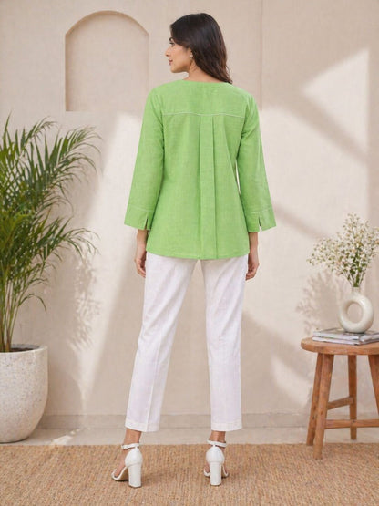 Women Solid Cotton Top with Contrast Stitching | Lime Green & Coral Pink