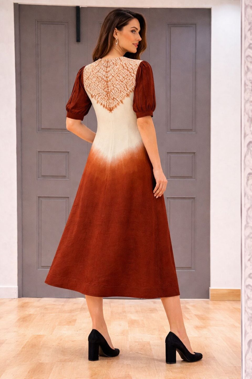 Brown Tie-Dye A-Line Midi Dress with V-Neck