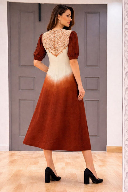 Brown Tie-Dye A-Line Midi Dress with V-Neck
