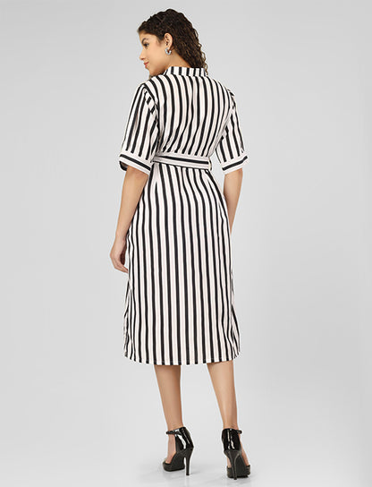 Step out in style with this Rayon Cotton Striped Long Dress, featuring a sleek waist belt and stylish sleeves for a refined yet trendy look