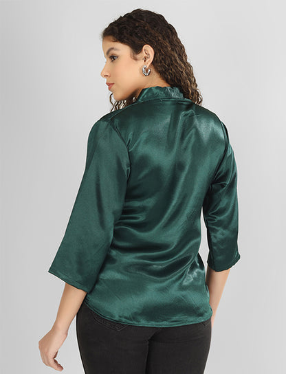 Emerald Green Satin Drawstring Waist Top – Elegant V-Neck Party Wear Top