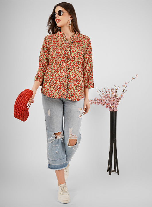Refresh your wardrobe with this cotton floral print top, a perfect blend of elegance and comfort. Made from soft, breathable cotton fabric
