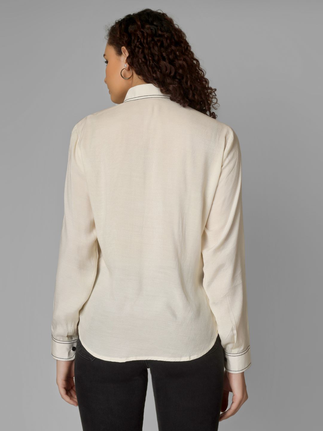 Offwhite V-Neck Shirt with Black Piping & Full Cuff Sleeves