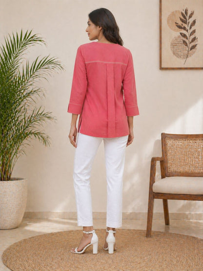 Women Solid Cotton Top with Contrast Stitching | Lime Green & Coral Pink