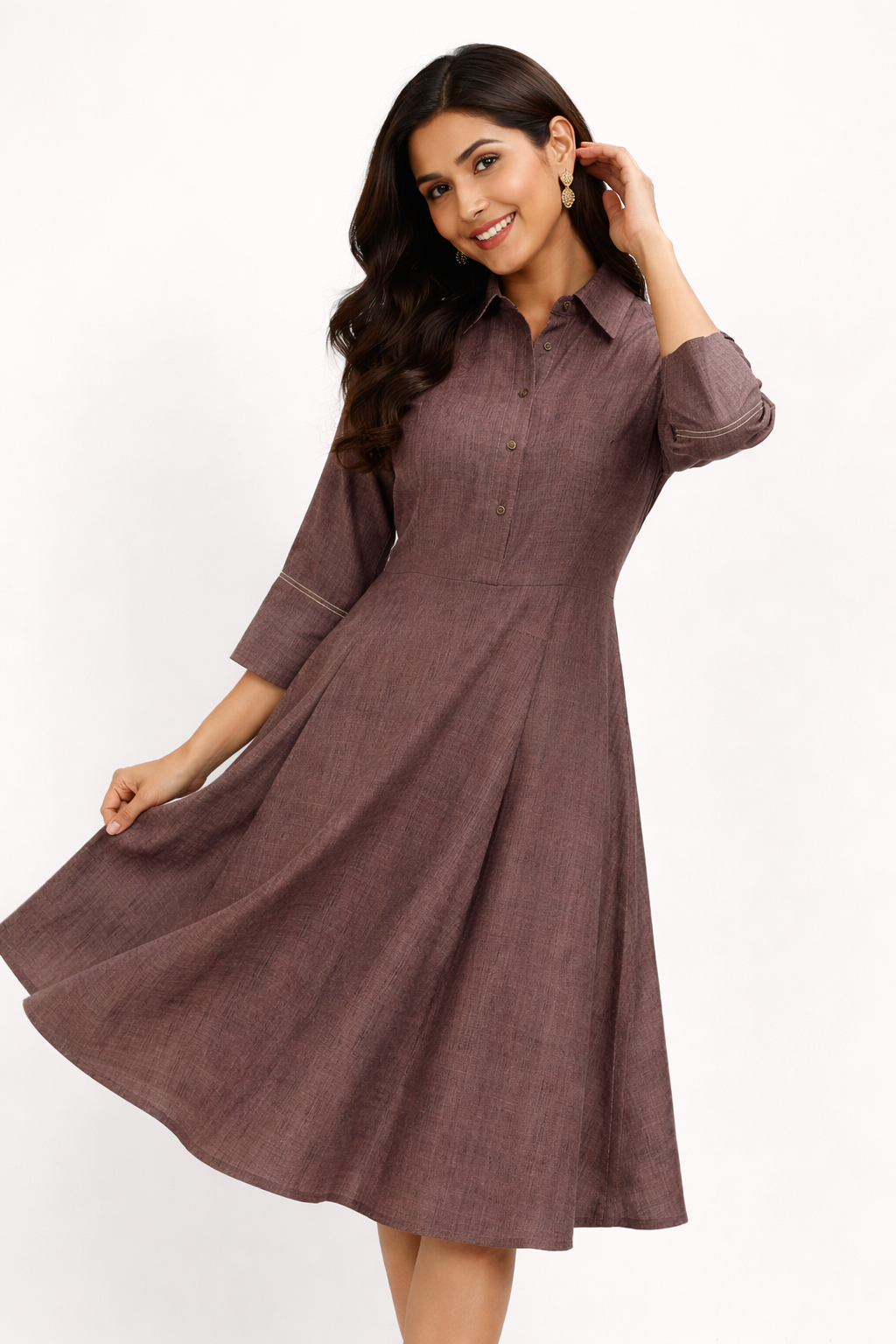 Brown Textured Cotton Linen A-Line Midi Dress