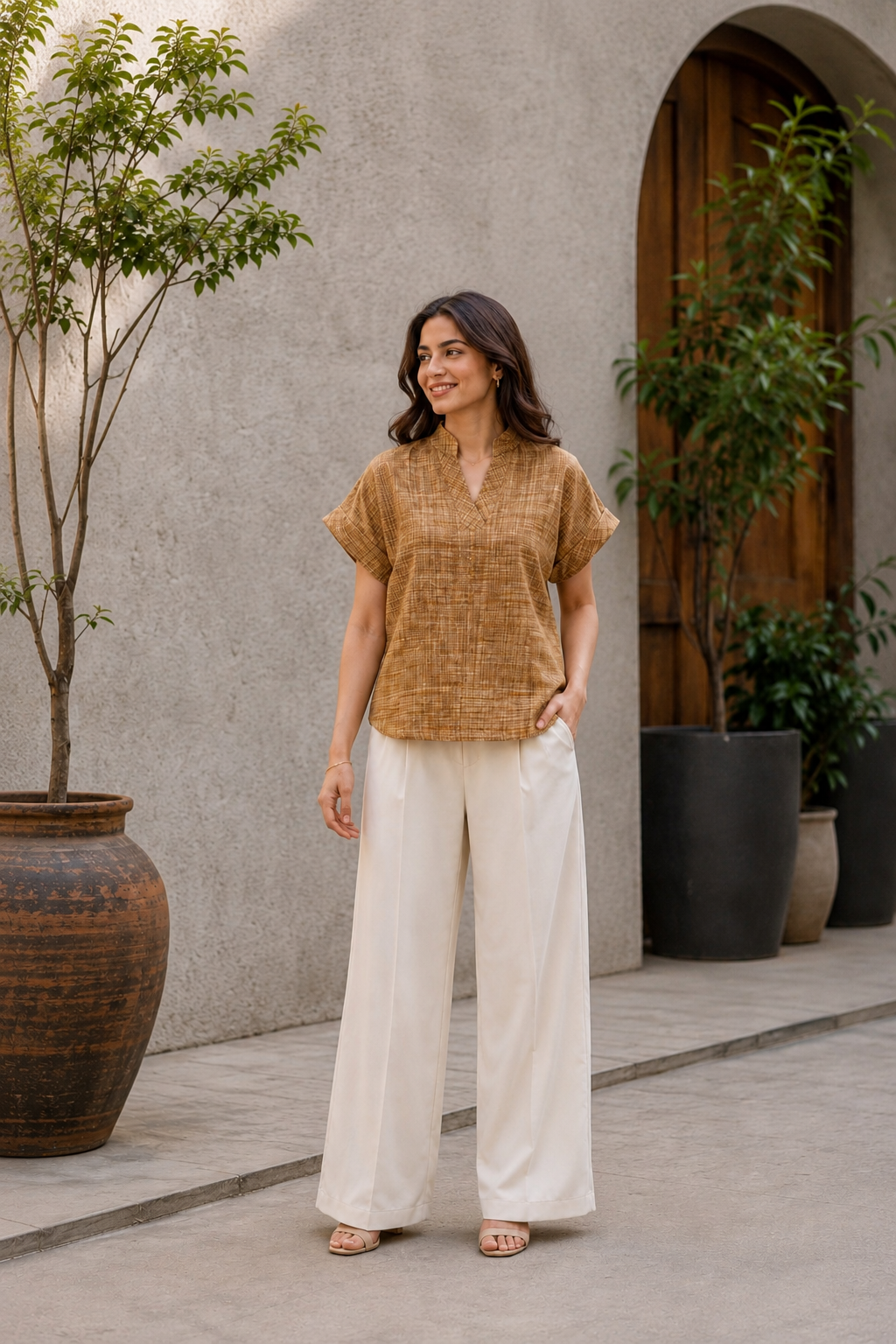 Women's Casual V-Neck Top | 100% Cotton | Textured Fabric | Caramel Brown