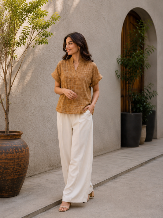 Women's Casual V-Neck Top | 100% Cotton | Textured Fabric | Caramel Brown
