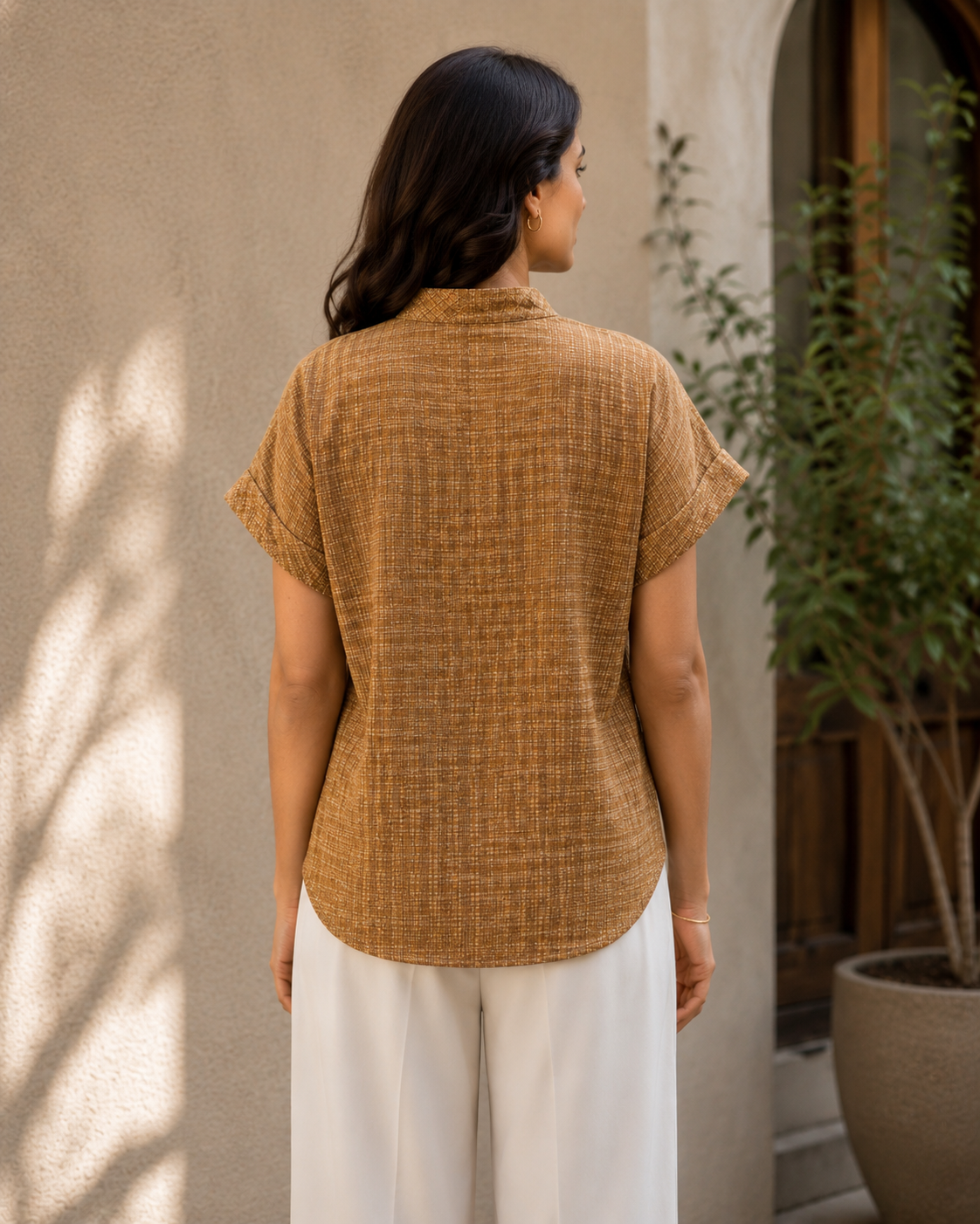 Women's Casual V-Neck Top | 100% Cotton | Textured Fabric | Caramel Brown