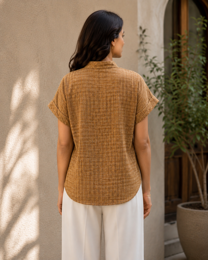 Women's Casual V-Neck Top | 100% Cotton | Textured Fabric | Caramel Brown