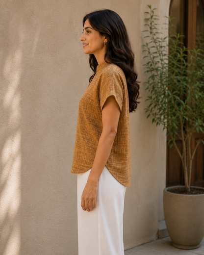 Women's Casual V-Neck Top | 100% Cotton | Textured Fabric | Caramel Brown